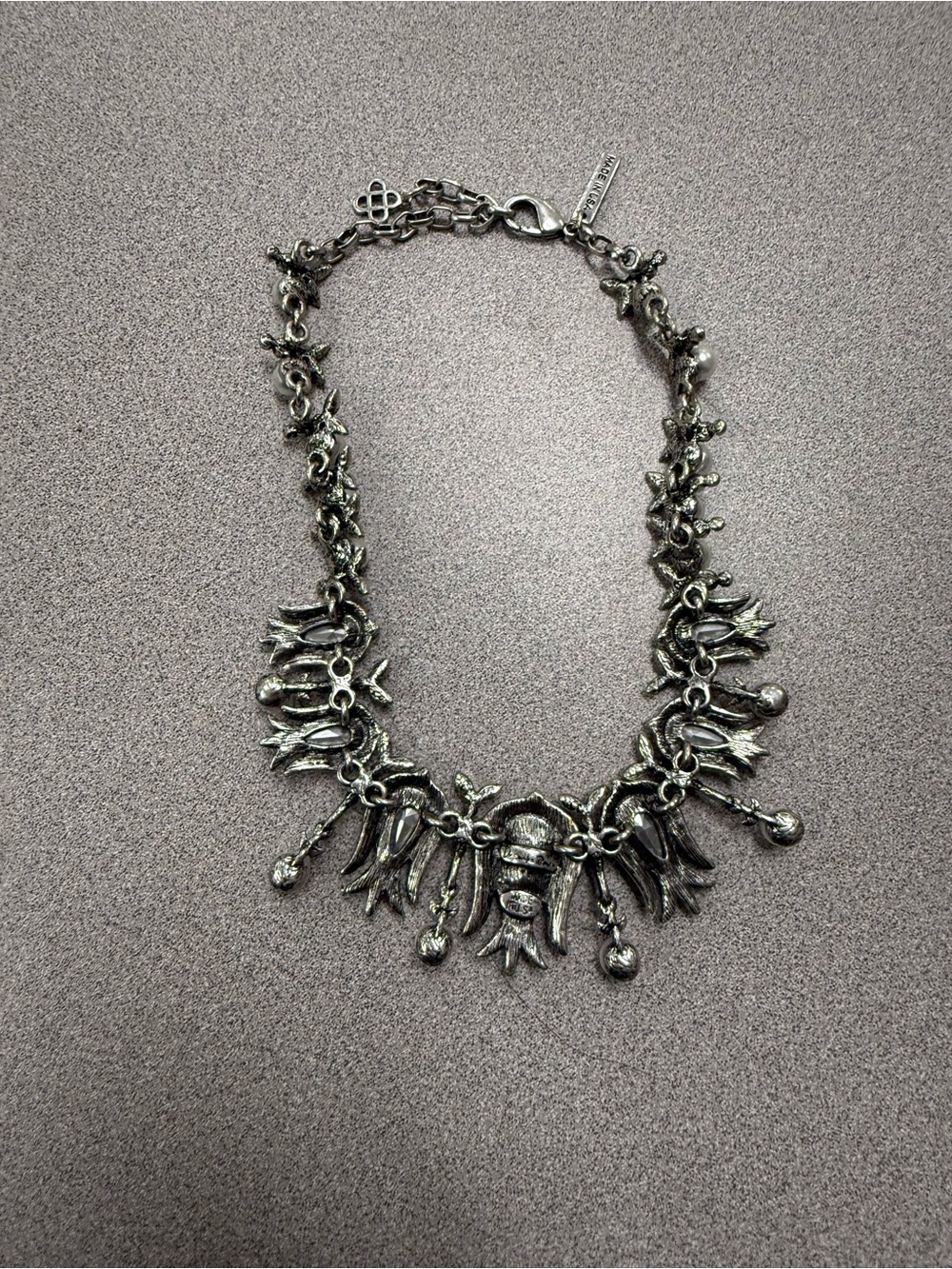 Oscar de la Renta Silver-Tone Crystal Teardrop Necklace with Faux Pearl Drops - Picture 3 of 8